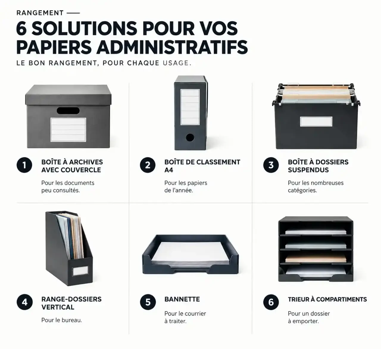 Comparatif visuel des types de boîte de rangement pour papier administratif : boîte à archives, boîte de classement, dossiers suspendus, range-dossiers, bannette et trieur