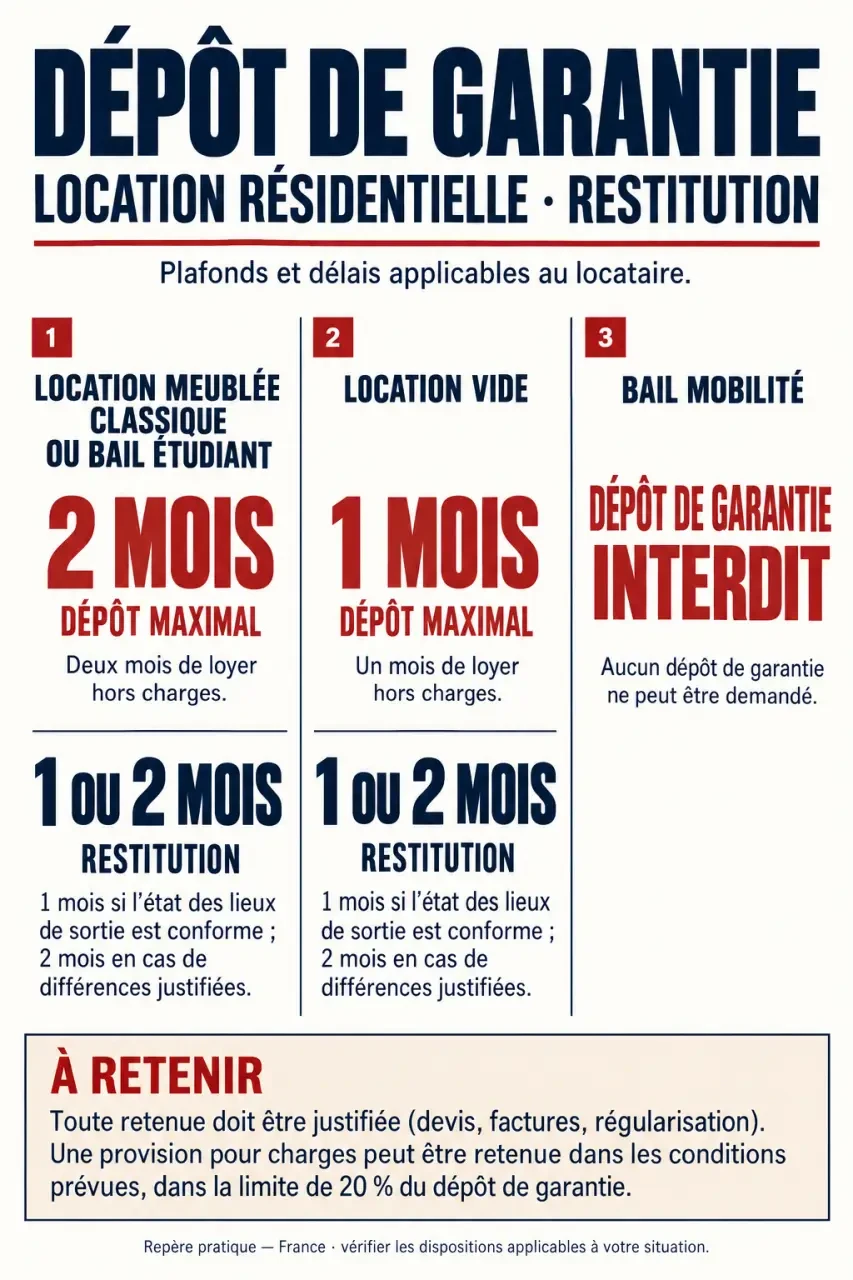 Infographie sur la restitution caution location meublée, les délais et les montants maximaux selon le type de bail