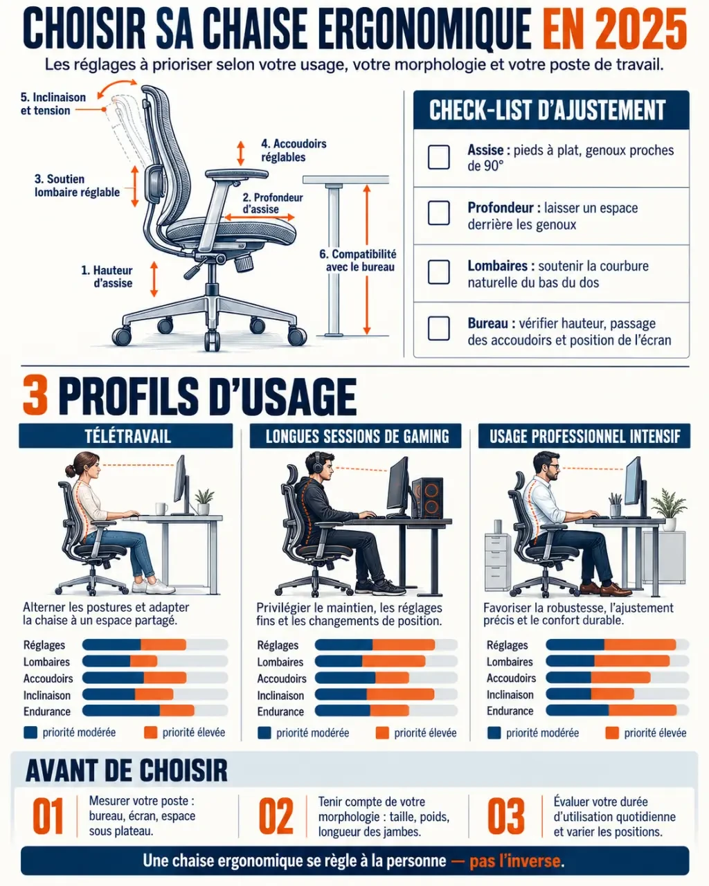 Infographie comparative pour choisir la meilleure chaise ergonomique 2025 selon la morphologie et l’usage