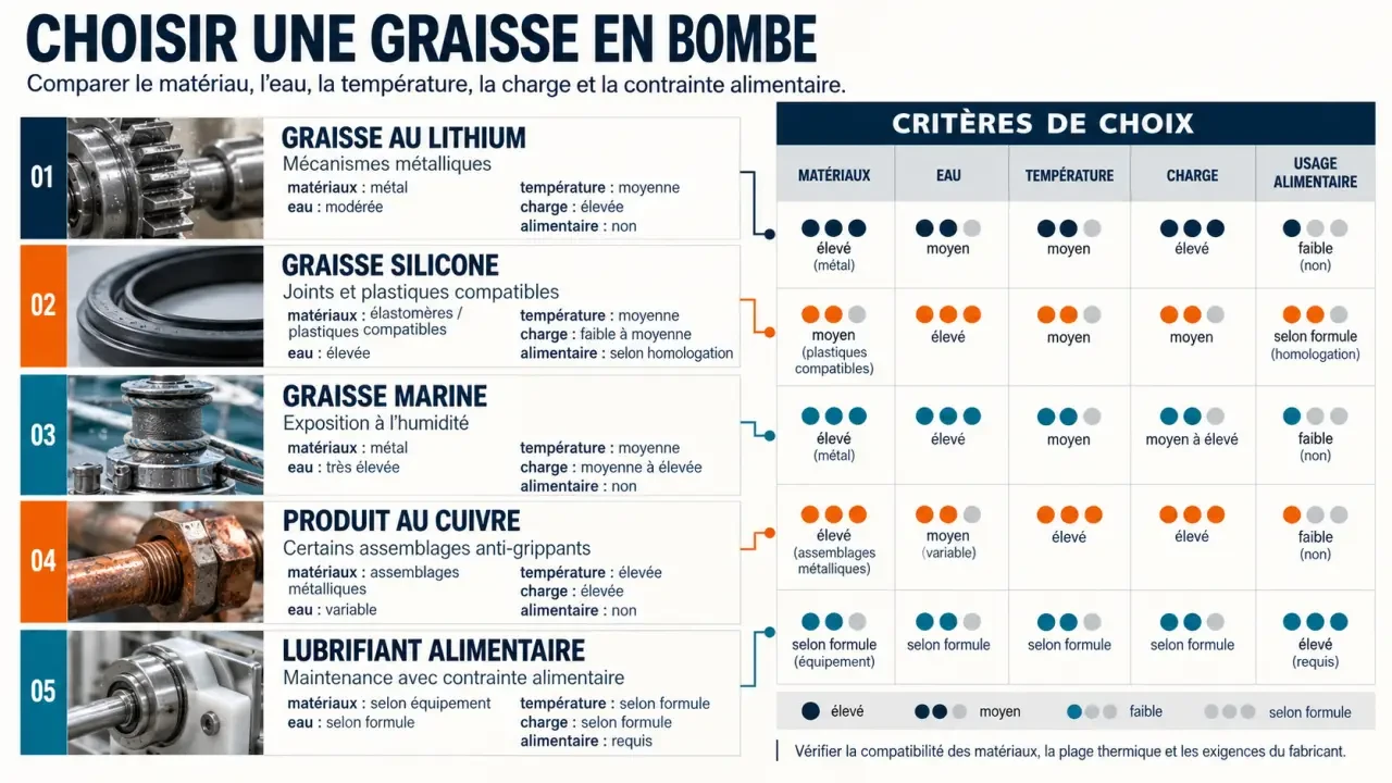 Graisse en bombe : comparaison des types de lubrifiants selon les matériaux, l’eau et la température