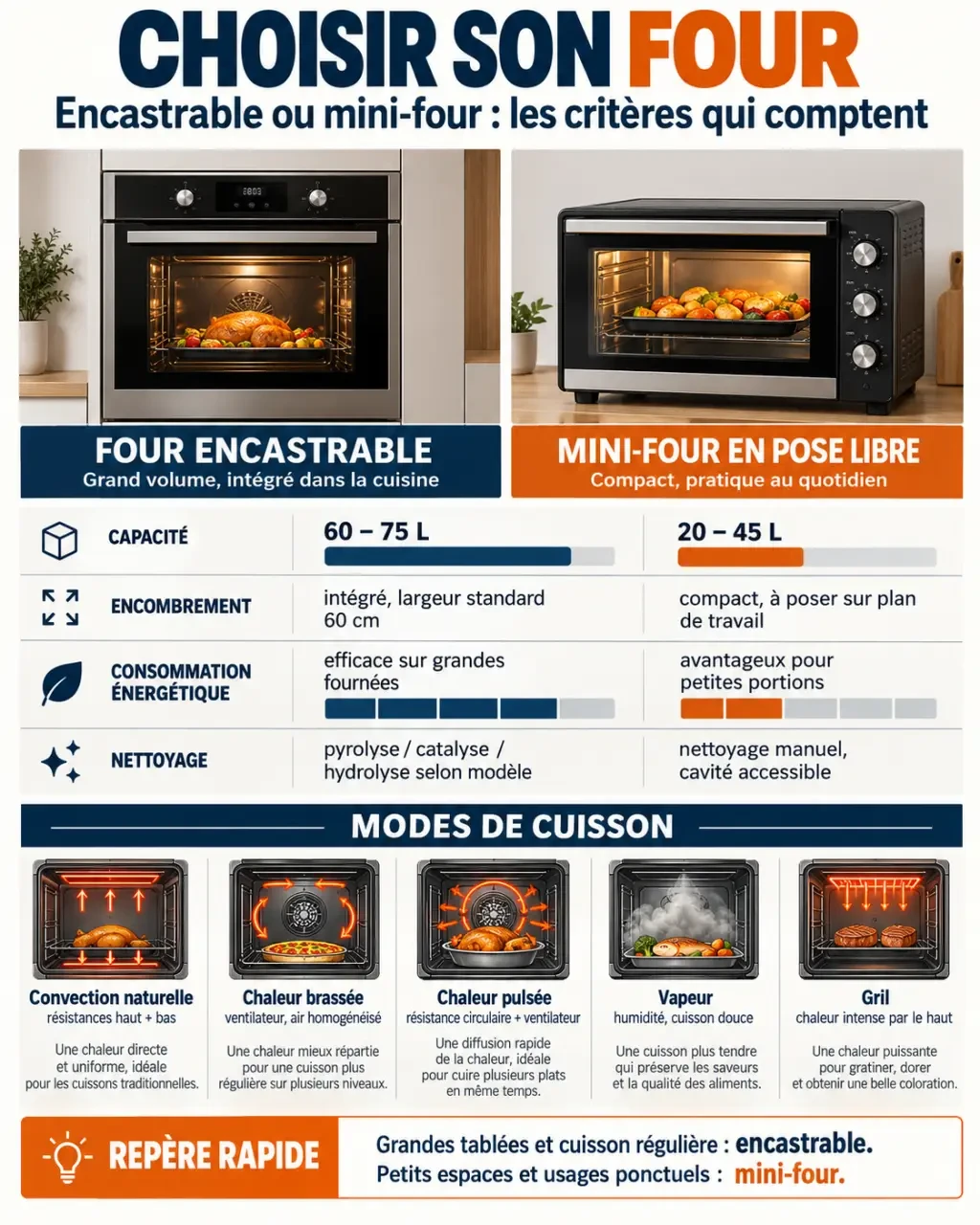 Infographie pour comprendre comment choisir son four selon le type d'installation, les modes de cuisson et la capacité