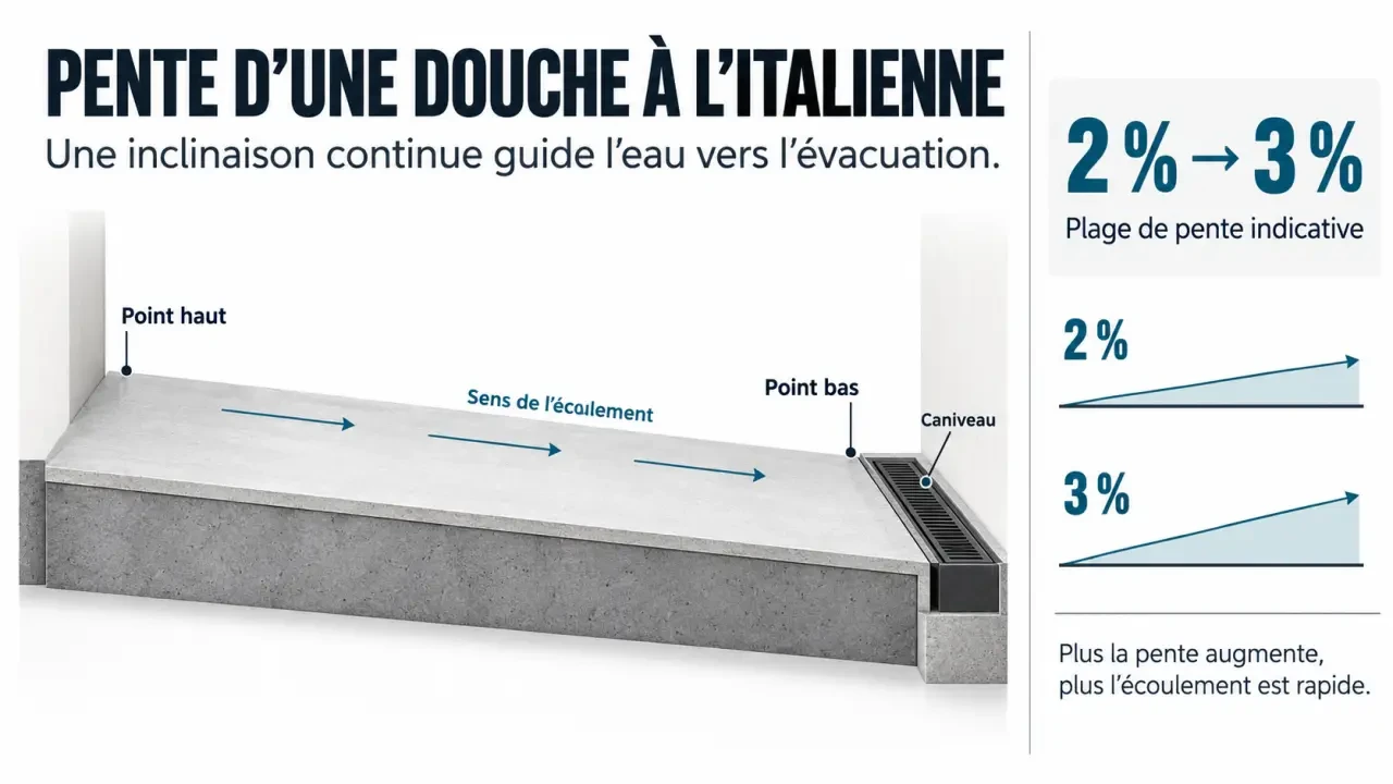 Infographie sur la pente d’une douche à l’italienne vers un siphon ou un caniveau