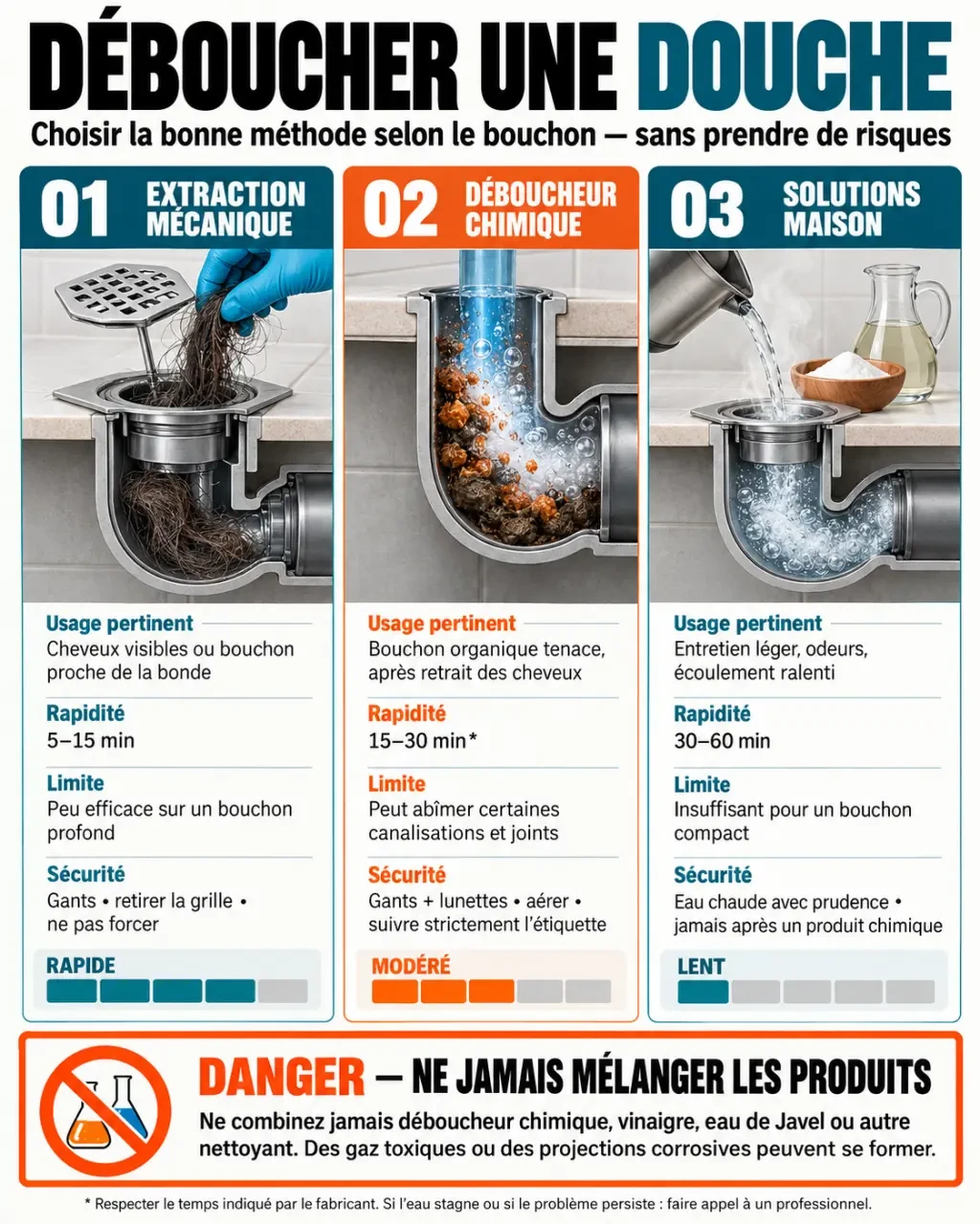 Comparatif déboucher douche produit chimique, solution maison et extraction mécanique avec précautions