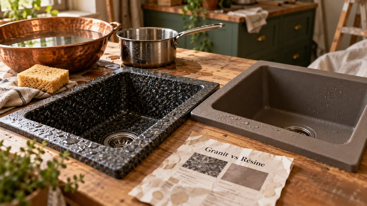 Évier granit ou resine : textures et bords comparés