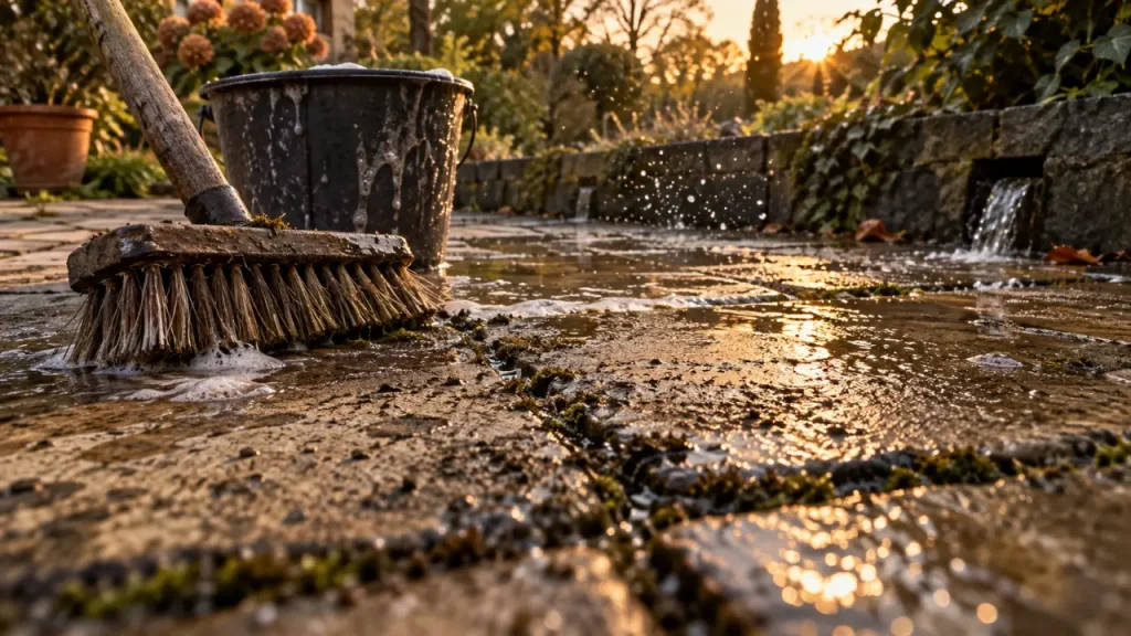 Javel sur une dalle de terrasse : le réflexe qui abîme plus qu’il ne nettoie