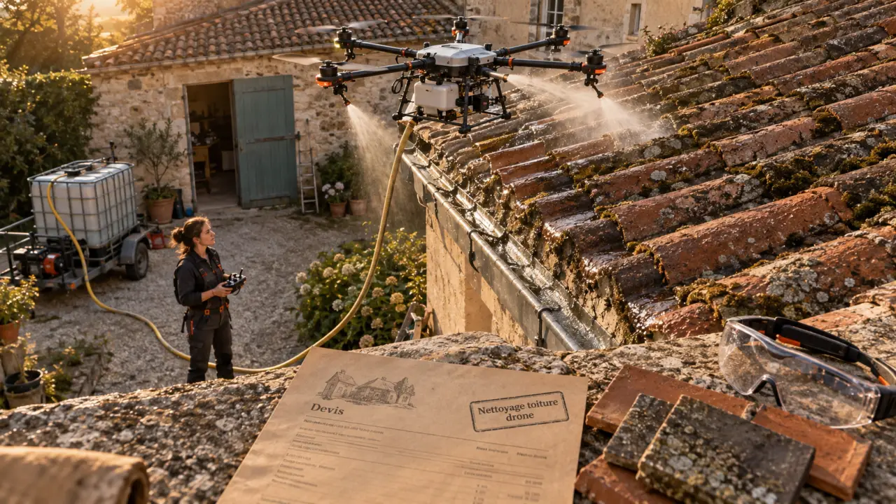 Nettoyage toiture par drone avis : drone sans contact sur toiture
