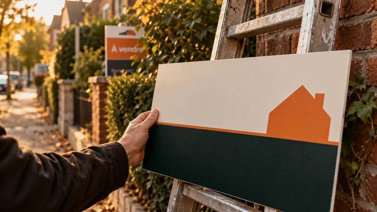 Panneaux agence immobilière : maquette “À vendre” sur une échelle